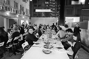 Dining on a roof terrace of an industrial building after the opening of a retrospective exhibition of Jeffrey Shaw's artwork, Osage, Kwun Tong, 12 November 2019