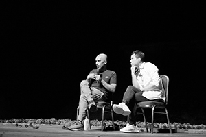 Akram Kahn being interviewed by Daniel Yeung after his performance 'Xenos', Cultural Centre Grand Theatre, Tsim Sha Tsui, November 2019
