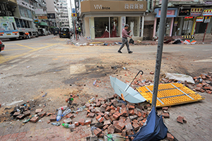 Aftermath of overnight street battles between police and protesters, Observatory Road, Tsim Sha Tsui, 19 November 2019