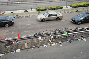 Hung Hom Bypass, with debris from overnight battles between protesters and police, East Tsim Sha Tsui, 19 November 2019