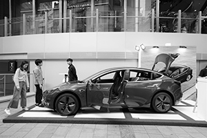 Tesla electric car being showcased, outside Hysan Place, Kai Chiu Road, Hong Kong Island, 28 November 2019