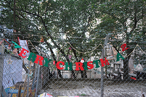 Christmas decorations on a fence, near Shing Wong Street, Hong Kong Island, 28 December 2019