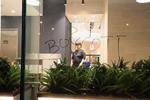 Graffiti on a restaurant window, Pacific Place, Queensway, Admiralty, 8 December 2019