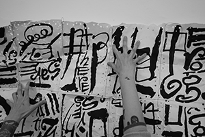 Installing an artwork by Kwok Mang Ho in the Visual Arts Centre, Kennedy Road, 11 December 2019