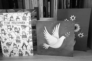 Christmas cards on a bookshelf, Sheung Wan, 18 December 2019