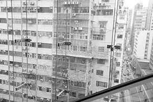 Buildings on Nathan Road, viewed from an escalator in iSQUARE, Tsim Sha Tsui, 19 December 2019