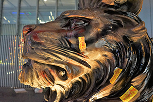 A vandalized lion sculpture outside the Hong Kong Bank Building, Des Voeux Road Central, 1 January 2020