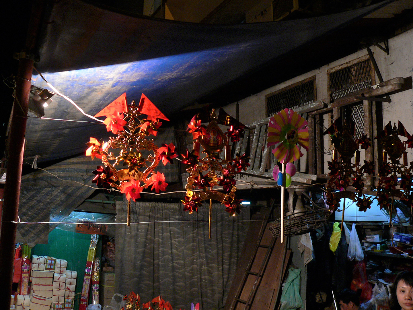 Small street stall near a temple selling ritual goods, Tai Ping Shan